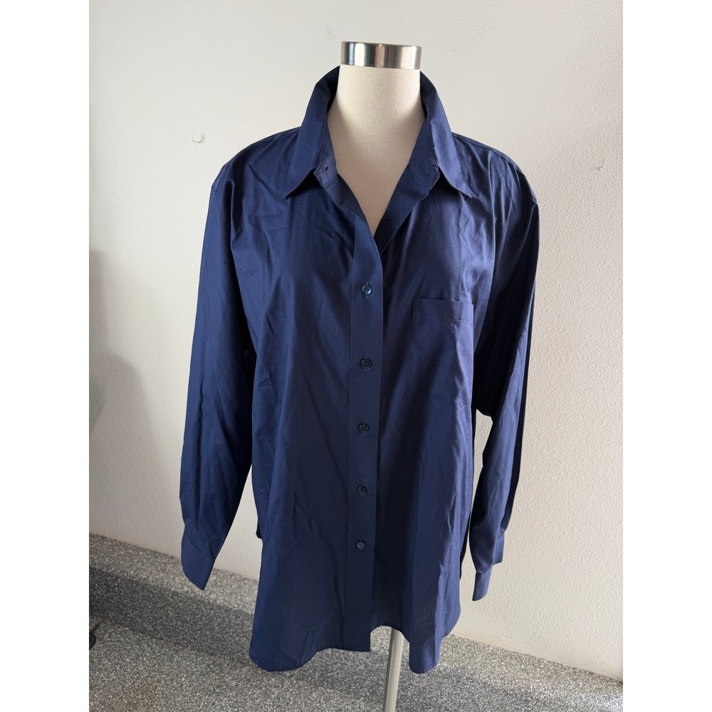 Foxcroft Womens Plus 20W Navy Wrinkle Free Button Up Shirt Long Sleeve Blouse